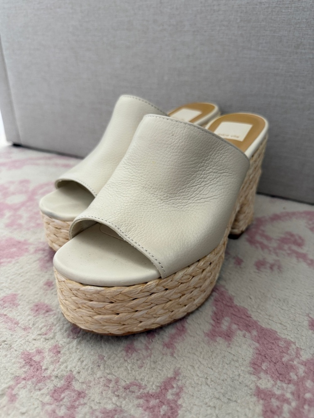 Dolce Vita Cream Leather Raffia Platform Mules
